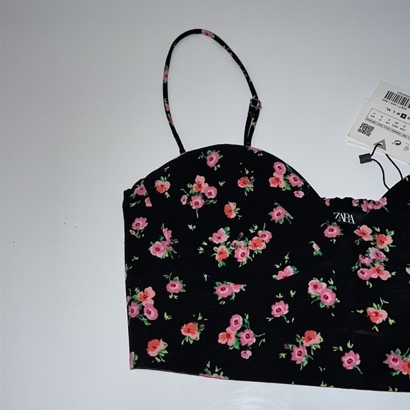 Zara Black Microflower Floral Strappy Crop Corset top size S - Picture 5 of 16